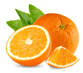 orange fruit with green leaves isolated on white background. healthy food. clipping path