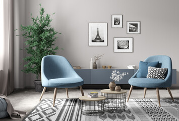Interior of living room with armchairs and coffee tables 3d rendering