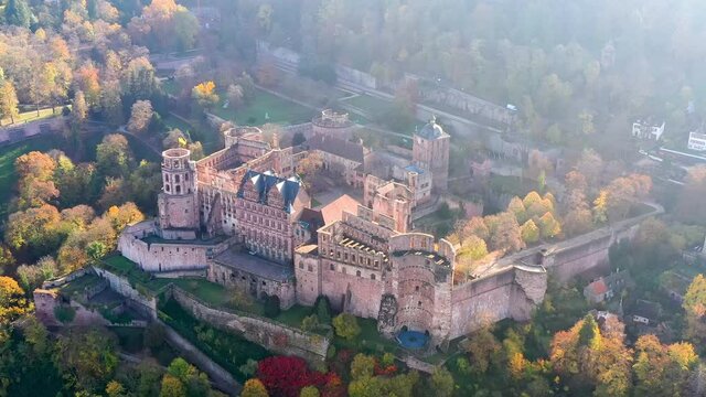 Heidelberg: Aerial view of Heidelberg Castle (Heidelberger Schloss), medieval fortress on hill above city - landscape panorama of Germany from above, Europe