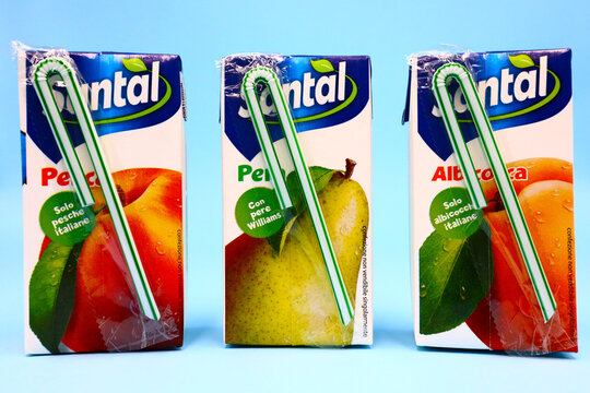 Italy &ndash; February 9, 2021: Santal Peach, Pear and Apricot Fruit Juices. Santal is brand of juices and nectars product by Parmalat, Lactalis Group