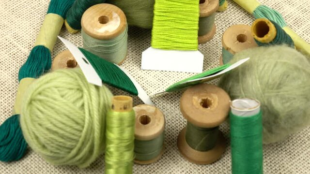 Green threads and yarns for sewing, embroidery, felting and knitting, needlework 