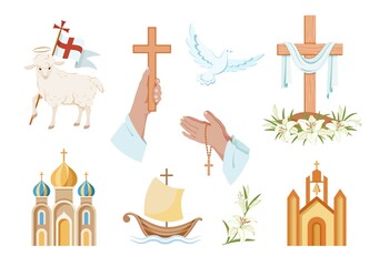 Religious christian signs and symbols. Set of colorful icons.  Church, hands holding  cross, dove with branch, fish and ship. Cross with shroud. Lamb is symbol of Christ's sacrifice. Isolated. Vector - 412324213