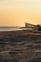 Re island bridge at sunrise on a sunny morning. beautiful colors. view from rivedoux-plage, France. portrait format