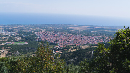 View of the mountain town of Litochoro from Mount Olympus in Greece.