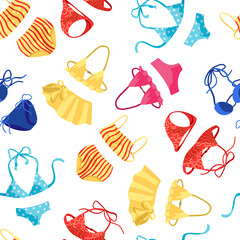 Womens swimsuits, bikini, one-piece swimwear. Hand drawn vector seamless pattern. Colorful ornament for summer, vacation, beach theme. Design for fabric, textile, wallpapers, print, decor, background.