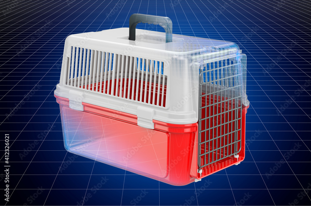 Poster visualization 3d cad model of pet carrier, blueprint. 3d rendering