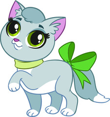 Gray cute little cat with a bow on the tail. On a white background. Vector illustration in cartoon style.