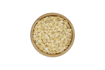 oatmeal flakes in wooden bowl isolated on white