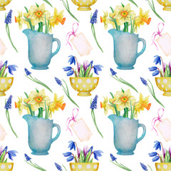 A pattern of spring flowers in vases and cups. Watercolour. On a white background.