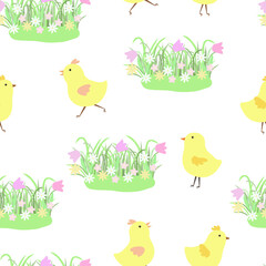 Obraz na płótnie Canvas Little cute Easter chicken seamless pattern, funny yellow flat style cartoon character vector illustration, symbol of festive springtime period for textile, banner, Easter decor