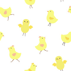 Little cute Easter chicken seamless pattern, funny yellow flat style cartoon character vector illustration, symbol of festive springtime period for textile, banner, Easter decor