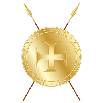 recommend clip art: Golden shield and crossed spears, vector illustration