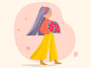 Stylish girl with long purple hair and flowers
