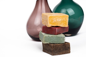 variety of Handmade colored soap on a white background