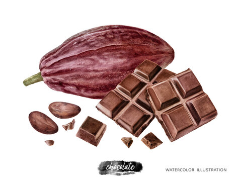 Watercolor chocolate bar cococa fruit and beans composition isolated on white background.