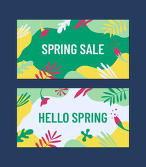 Beginning of the spring season concept. Web banners templates with floral elements and abstract shapes in bright colors.