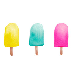 Three servings of pink, yellow and blue ice cream on a stick. Bright illustration of a set of appetizing ice cream on a white background. Cold refreshing dessert for printing, textiles, covers.