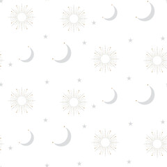 Celestial sun and moon shapes seamless pattern. Background for paper wrap, textile, package and print design.