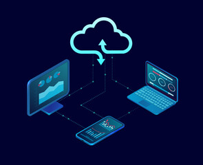 Vector of a computer and mobile devices connected to cloud server service