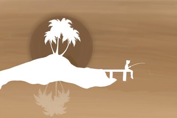kid fisherman fishing on the palm tree silhouette and sunset background. Digital art illustration