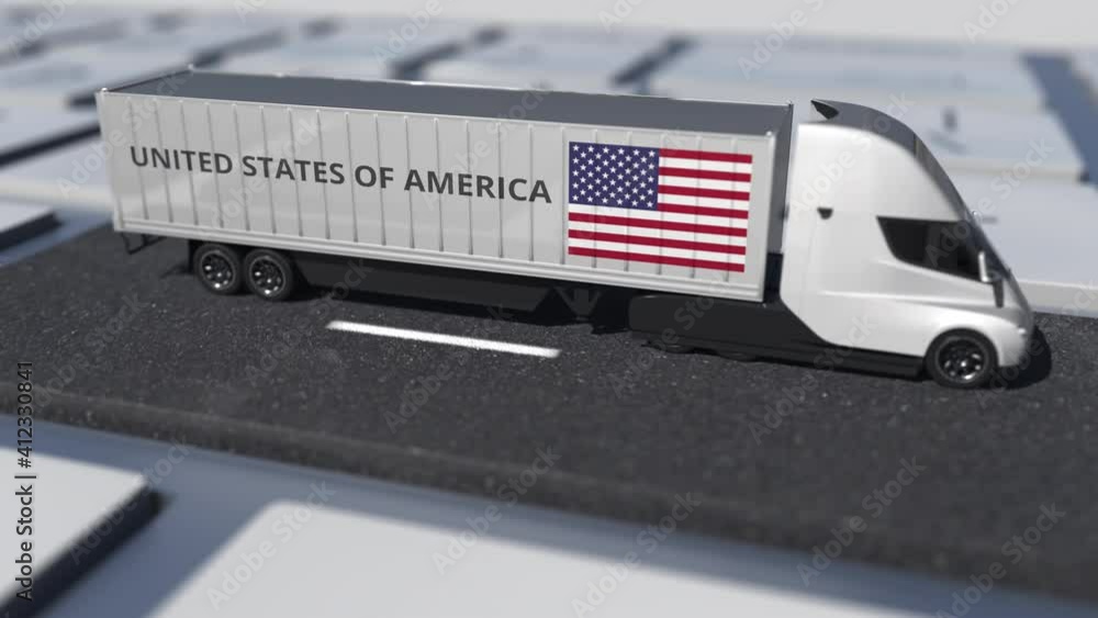 Aufkleber truck with flag of the united states moves on the keyboard key. export or import related looping 3d 