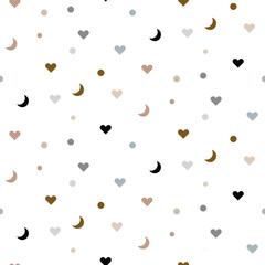 Confetti dots and hearts shapes seamless pattern. Background for paper wrap, textile, package and print design.
