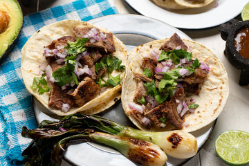 Grilled beef steak tacos on white background. Mexican food