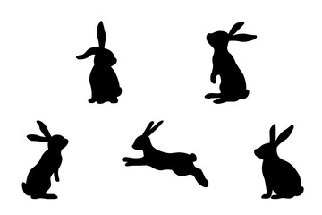 Silhouettes of rabbits isolated on a white background. Bunny silhouette.