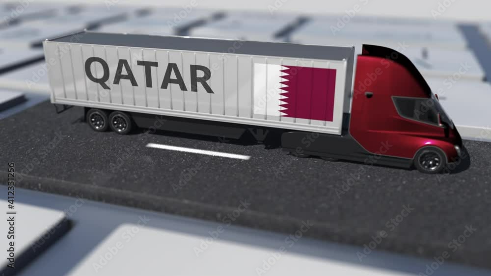 Poster truck with flag of qatar moves on the keyboard key. export or import related looping 3d animation