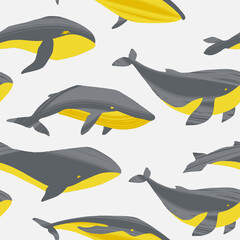 Decorative vector seamless pattern with whales. Ocean animals in trendy flat style.