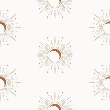 Celestial sun and moon beige seamless pattern. Background for paper wrap, textile, package and print design.