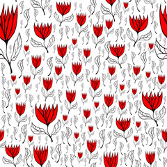 Seamless spring pattern in classic colors: red, black, white. Red flowers for printing on paper, fabrics. - 412331867