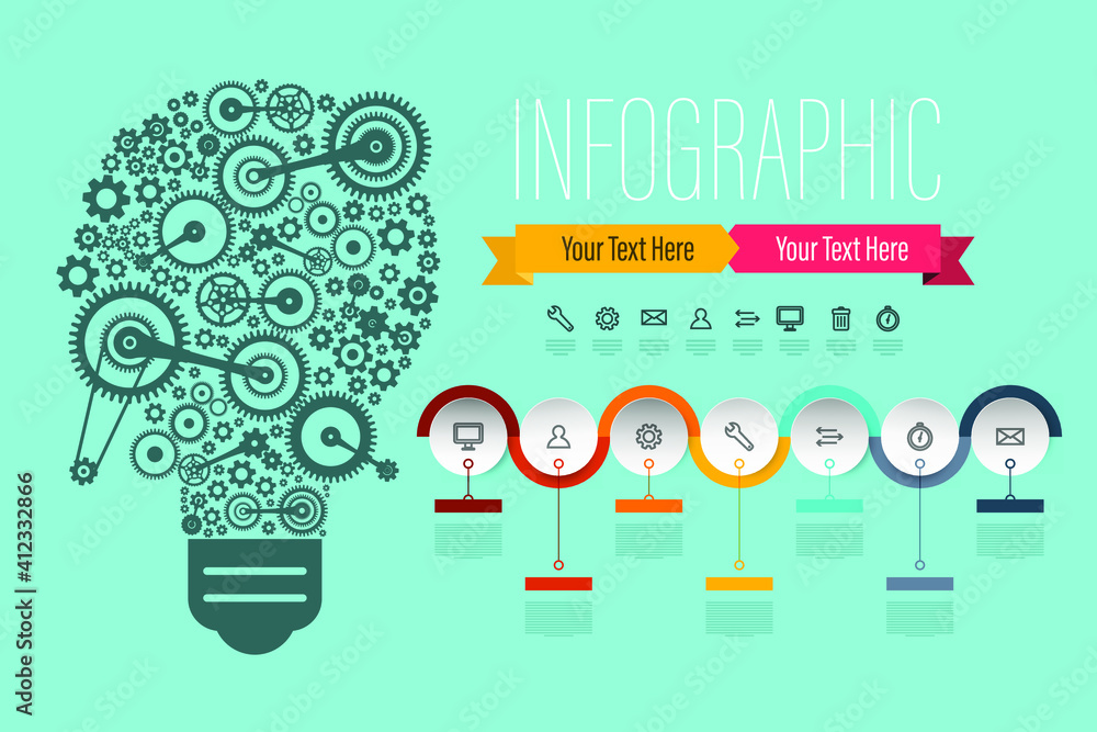 Poster technology infographic design with bulb made from cogs and icons