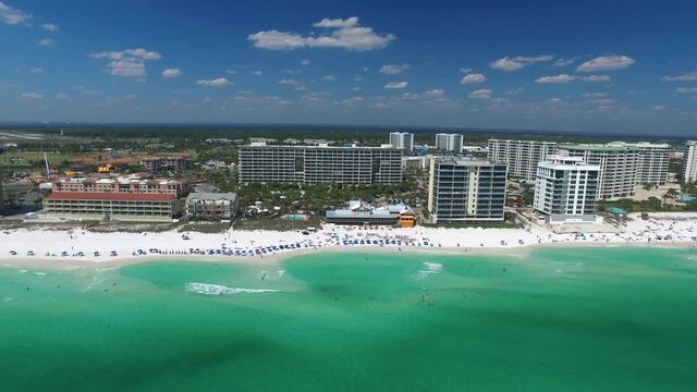 Aerial, zoom out, Destin cityscape in the summer, Florida, USA