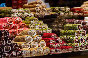 Traditional Turkish delight for sale at the market counter