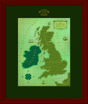 Comic map of Great Britain and Ireland dedicated to St. Patrick's Day. Vector illustration