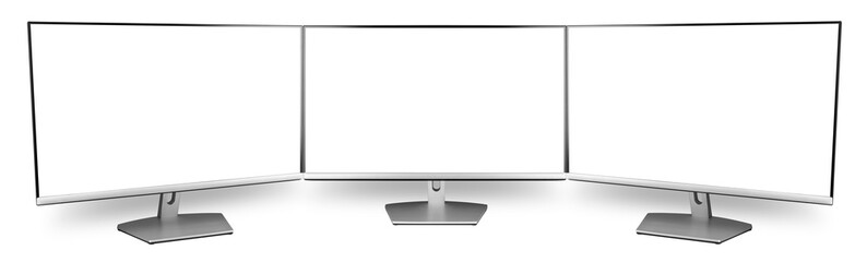 triple screen pc computer monitor flat screen front side view isolated on white wide panorama background. multimedia technology hardware communication  streaming concept