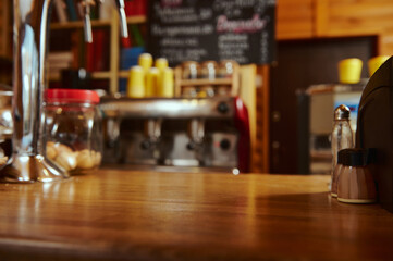 Fototapeta na wymiar Interior coffee shop with professional coffee machine. Cafe, cafeteria, bar