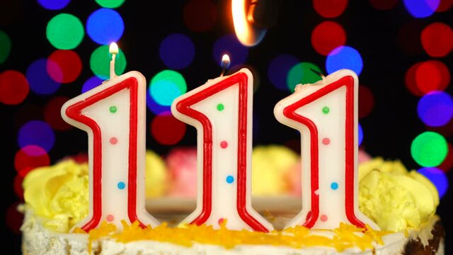 Number 111 Happy Birthday Cake With Burning Candles Topper.