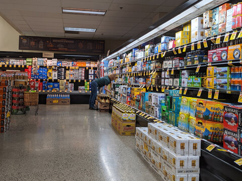 Woodinville, WA / USA - circa April 2020: the beer cooler in a Haggen Northwest Fresh grocery store.