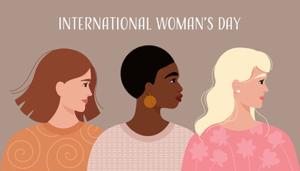 International Women's Day card. Vector illustration with smiling different women's portraits in trendy flat style