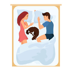 Sleeping family man and woman lie on the bed with a dog. Top view of the composition.