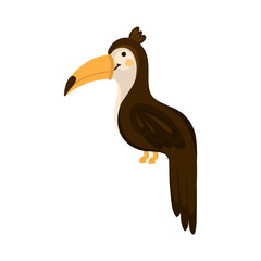 Cute funny cartoon toucan character on white isolated background. Vector clip-art bird toucan in flat style. Design of children s clothing, toys, school supplies. Kind and friendly mascot