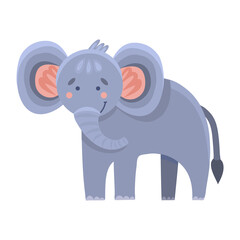 Cute funny cartoon character elephant on white isolated background. Vector clip-art elephant in flat style. Design of children s clothing, toys, school supplies. Kind and friendly mascot