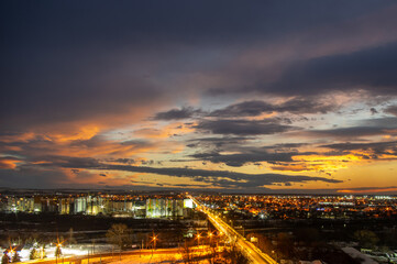 Evening city background of beautiful sunset in Ukraine