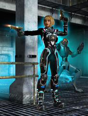 Futuristic soldier fighting in the space base, 3d rendering © Tiziano Cremonini