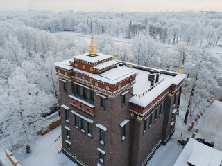 Aerial view of datsan in Saint-Petersburg in winter with frost on the trees everywhere