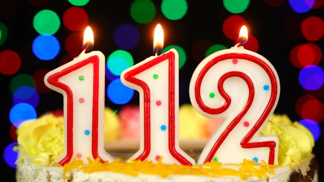 Number 112 Happy Birthday Cake With Burning Candles Topper.
