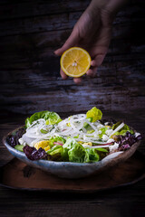 Homemade salad with lettuce, radish, white onion, boiled eggs and feta cheese, hand holding a lemon
