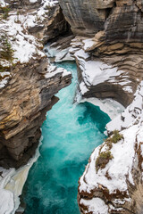 Beautiful view of the frozen Athabasca Falls in winter, Canada